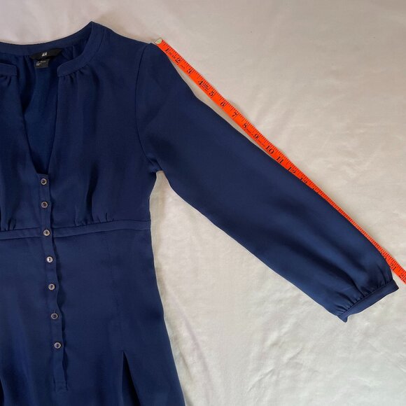H&M Size 6 Fit & Flare Mini Dress Navy Button Down V Neck Long Sleeves - Picture 10 of 12